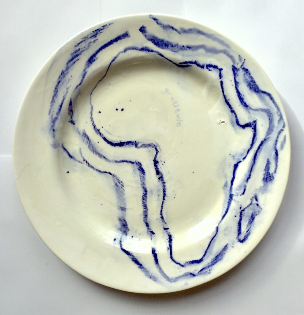 Large Plate — Inventory Number 2017-3(a), © 2017, blue pastel and pastel wash; white underglaze
$ 401